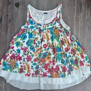 Blue and Pink Tiered Ruffled Sleeveless Bohemian Pleated Summer Top